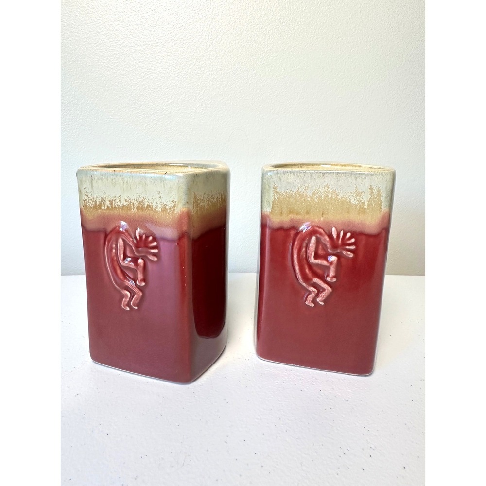 Vintage Kokopelli Ceramic Mugs Set of 2 Red Drip Glaze Triangular Geometric